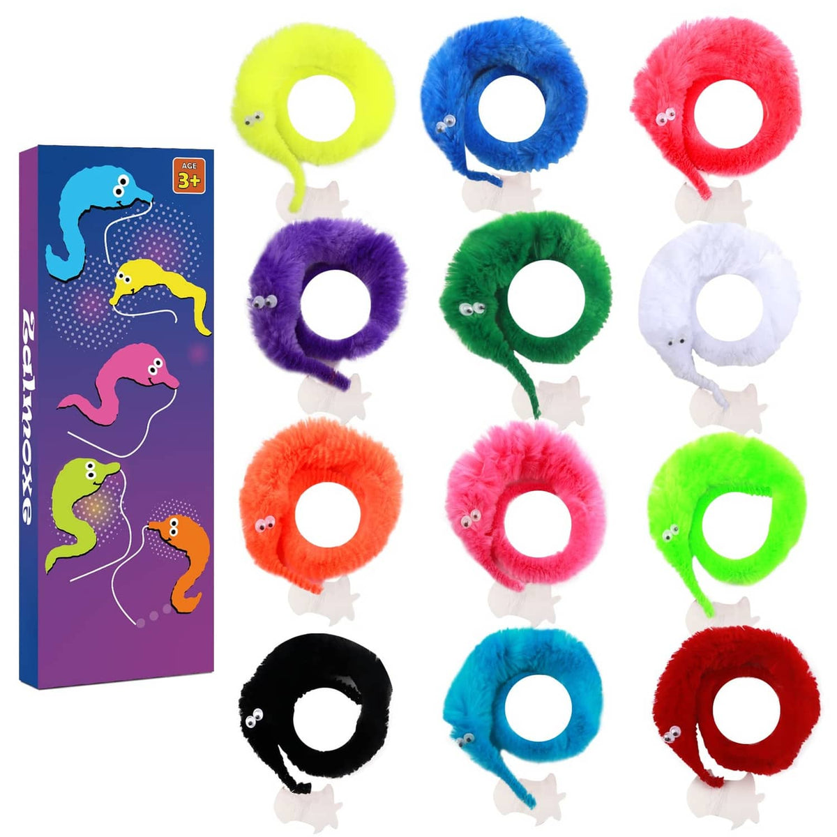Set of 12 fuzzy worm toys with invisible strings, assorted colors
