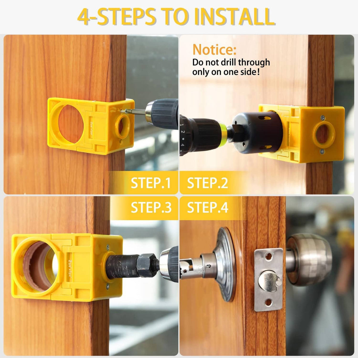 Yellow installation guide jig for door lock drilling and mounting