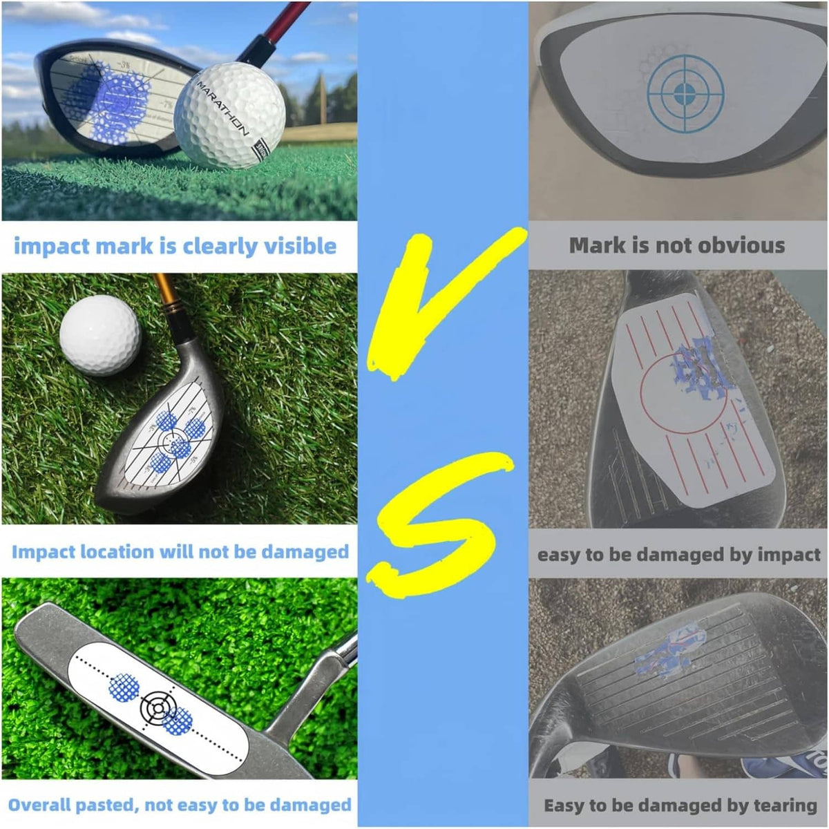 Golf impact tape labels on golf club faces with clear impact dot visibility