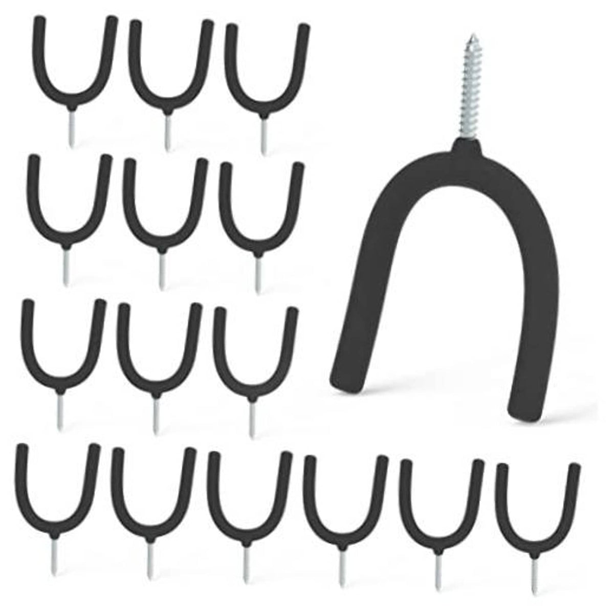 Vinyl-coated screw-in U hooks, black curved hooks with metal screw prongs, 16-pack.