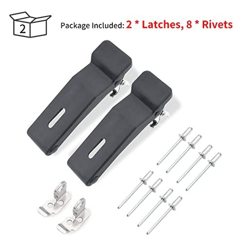 Two black rubber latches, mounting clips, and metal rivets in package layout