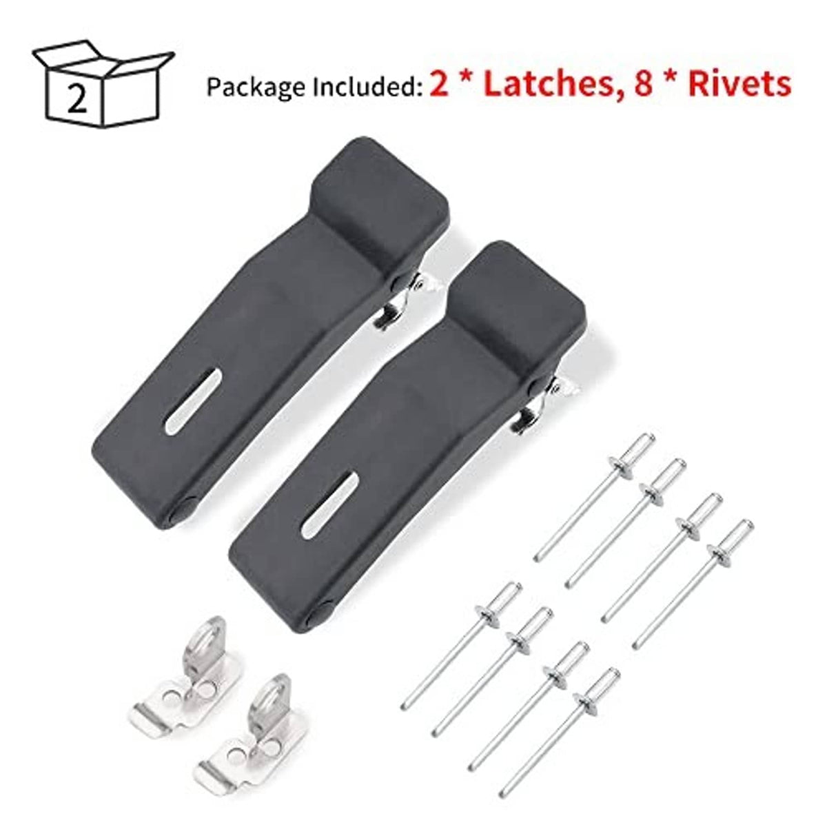 Two black rubber latches, mounting clips, and metal rivets in package layout