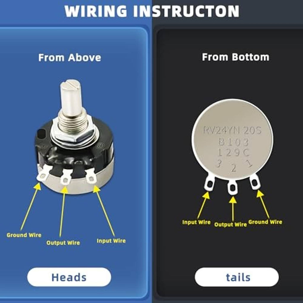 Rotary potentiometer wiring diagram showing terminal pins: input, output, and ground