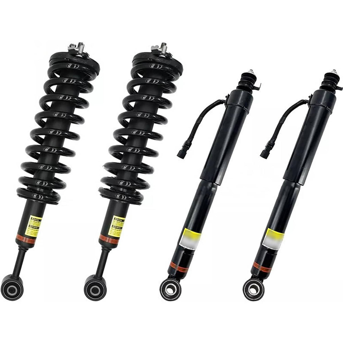 Set of four black shock strut assemblies with coil springs, top mounts, and bushings