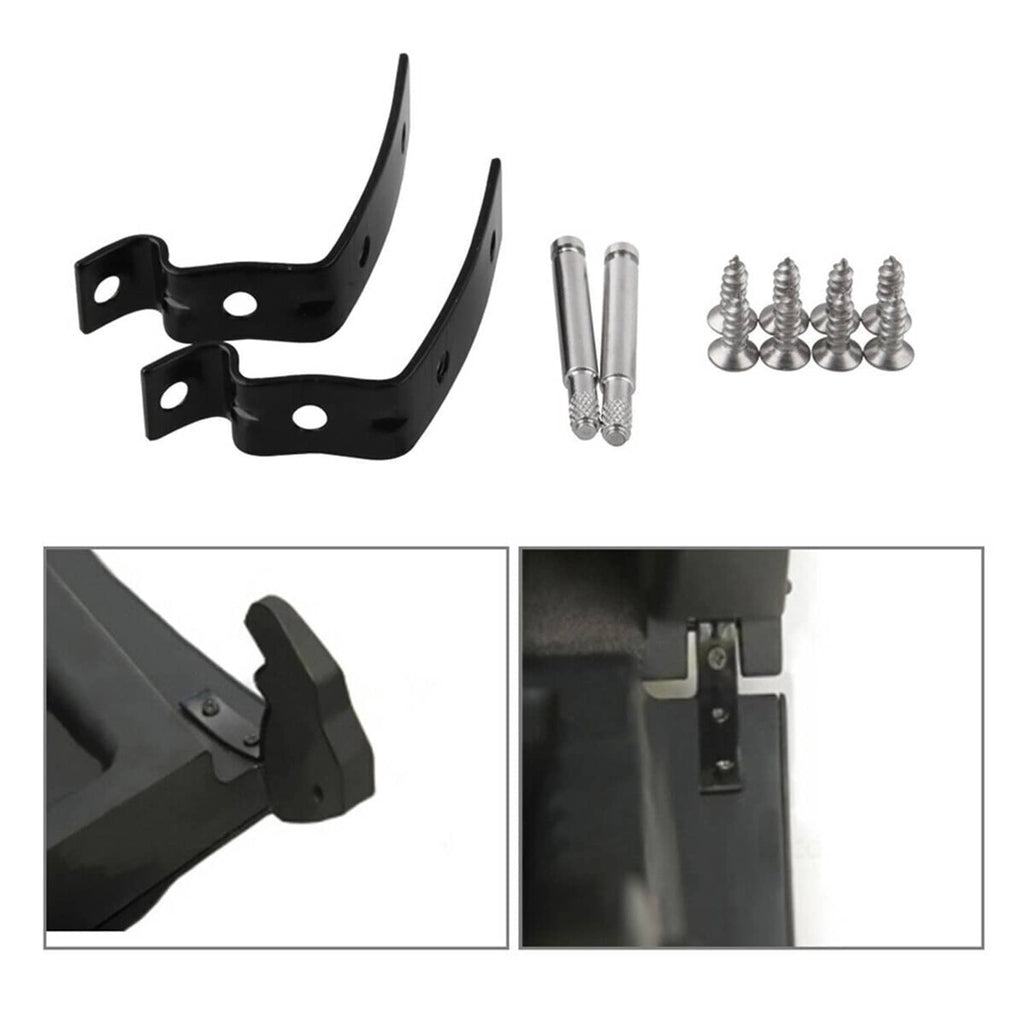 Two black hinge brackets with mounting bolts and screws, plus install view panels
