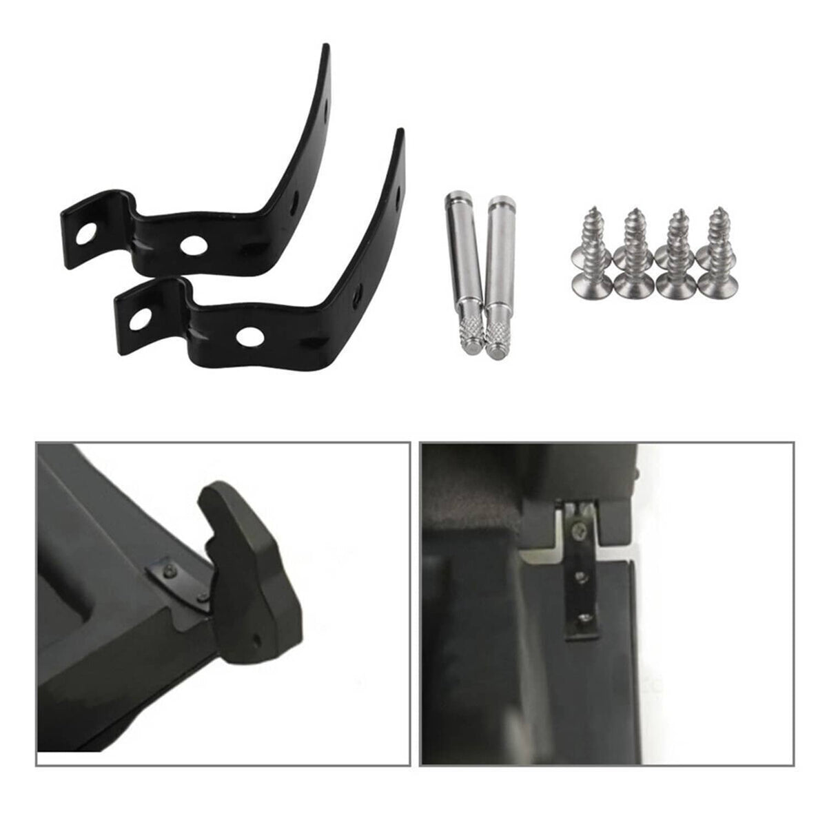 Two black hinge brackets with mounting bolts and screws, plus install view panels