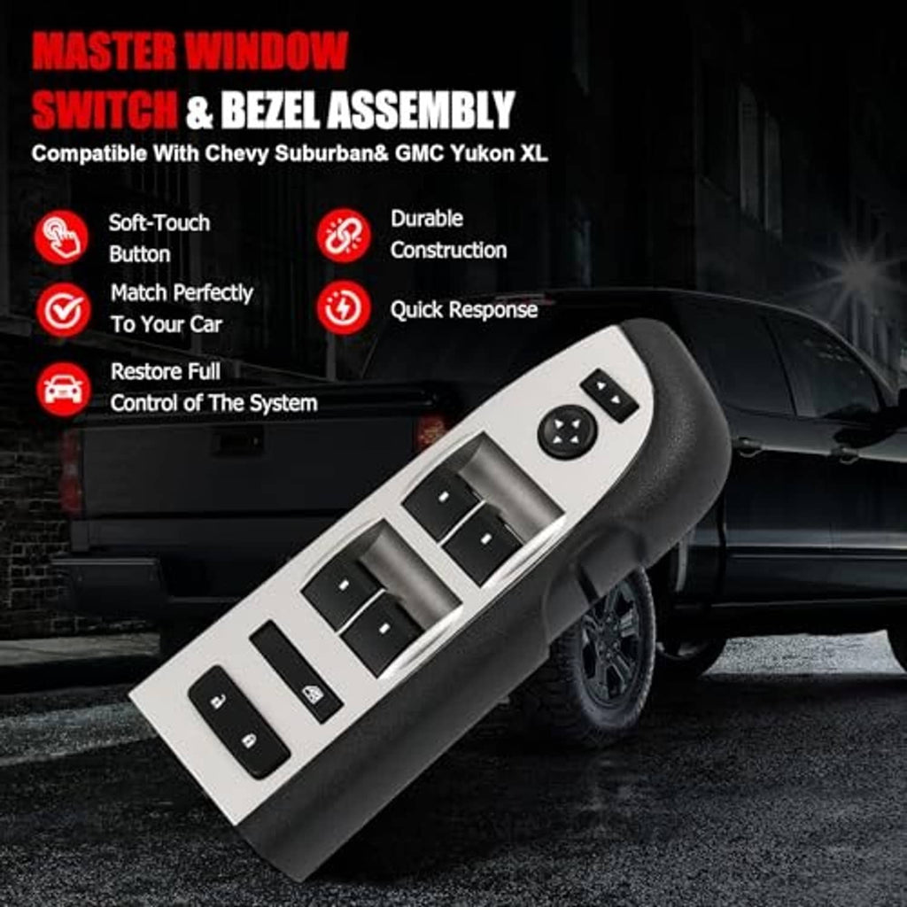 Master power window switch with door lock and mirror controls, black and light gray panel