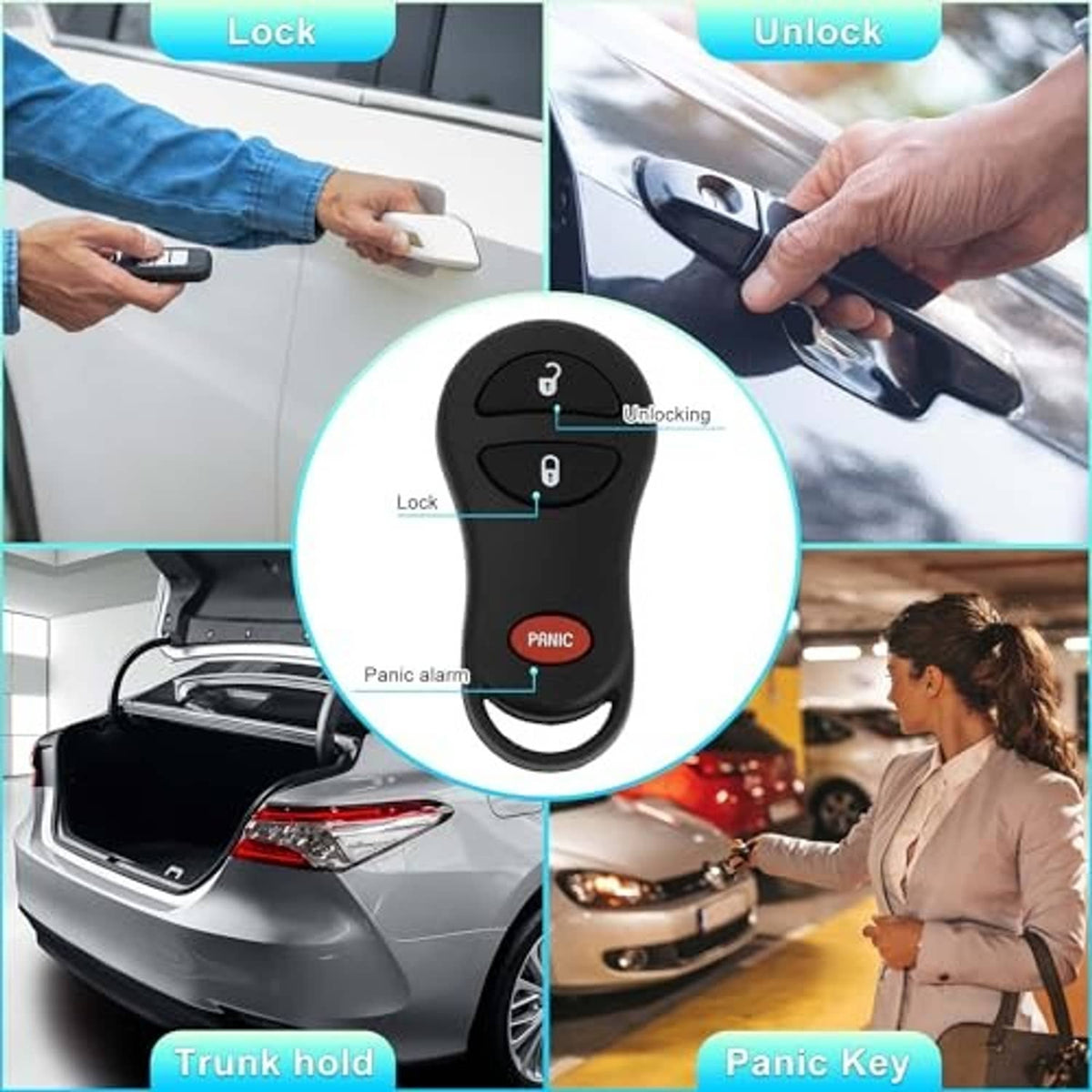 Keyless entry key fob remote with lock, unlock, trunk hold, and panic functions.
