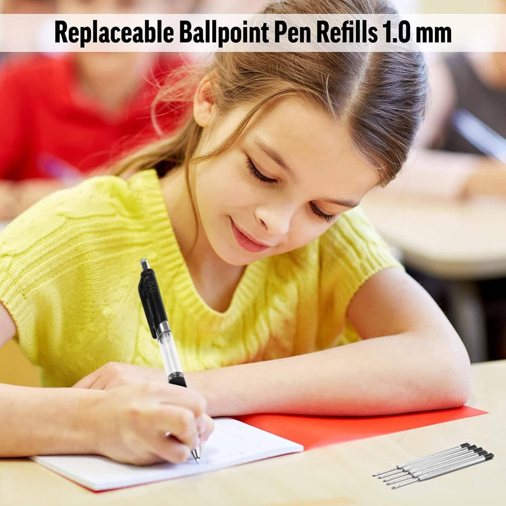 Replaceable ballpoint pen refills, black ink, 1.0mm medium point, metal barrels