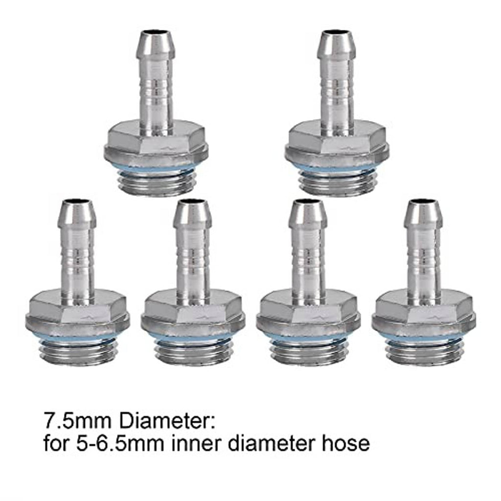 Barb fitting adapters with G1/4 threaded ends and blue ring seals, front view