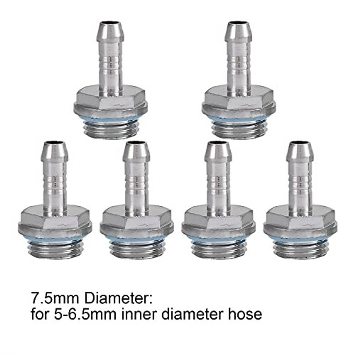 Barb fitting adapters with G1/4 threaded ends and blue ring seals, front view