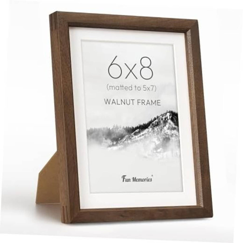 6x8 walnut wood picture frame with white mat and landscape photo insert