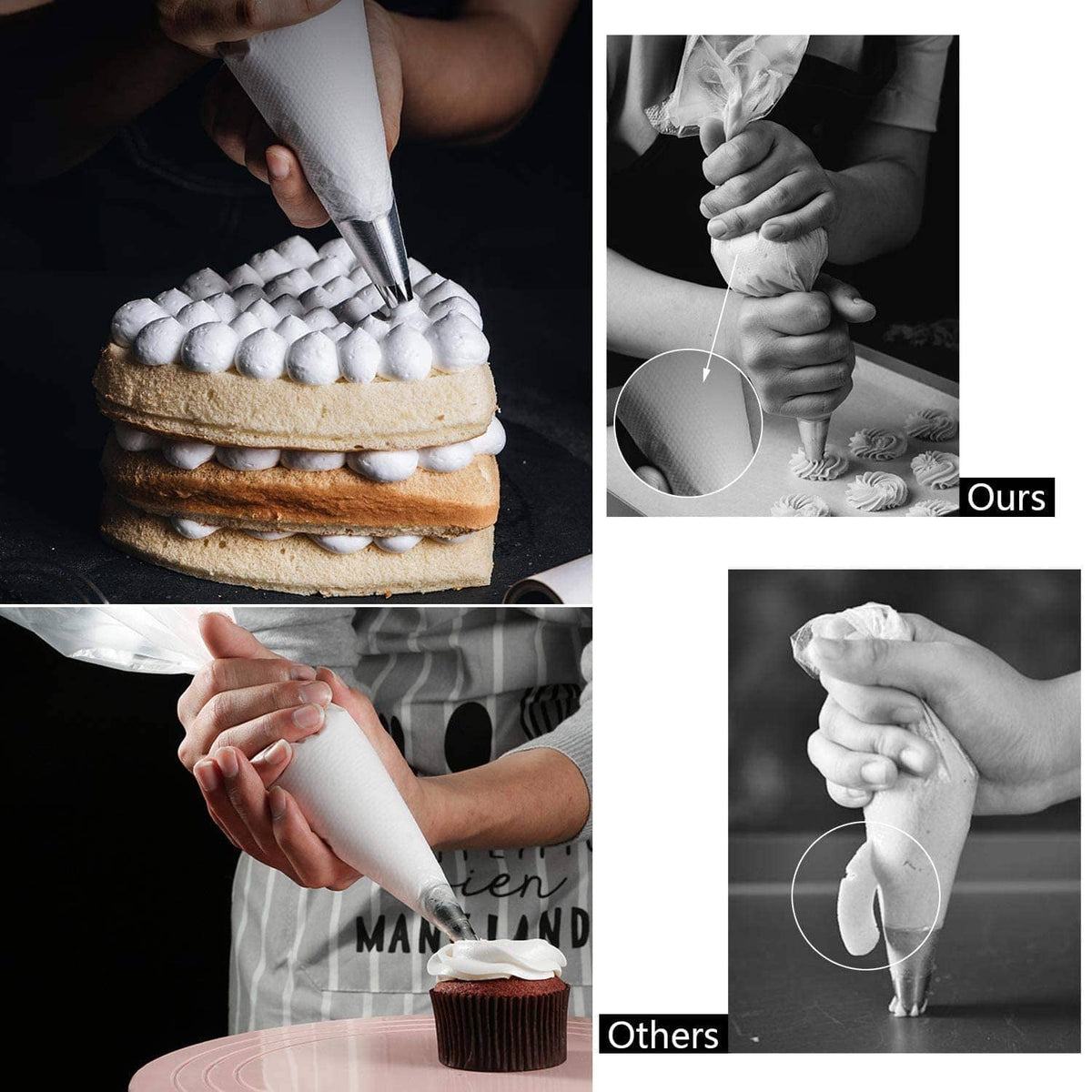 Tipless piping bag decorating a layered cake with frosting, disposable 12-inch