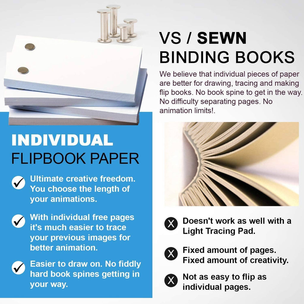 Individual flip book paper with metal binding screws and ring-style binding