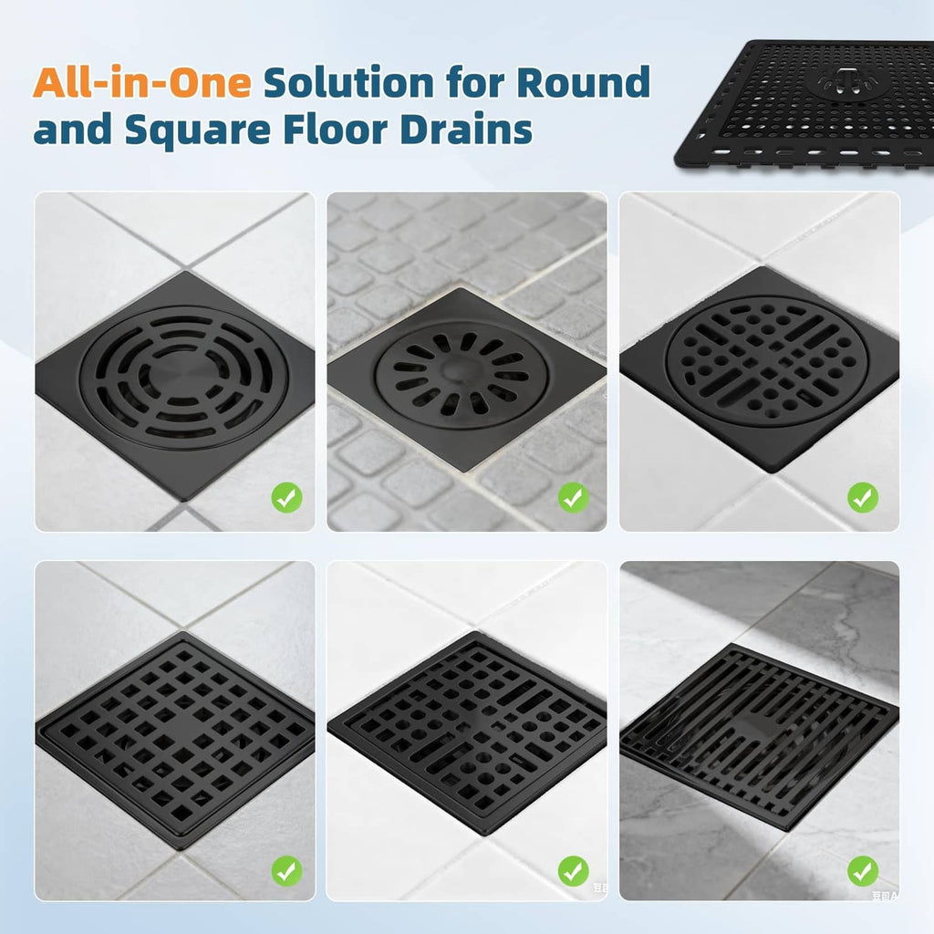 Matte black floor drain hair catcher set with perforated square plates and round centers