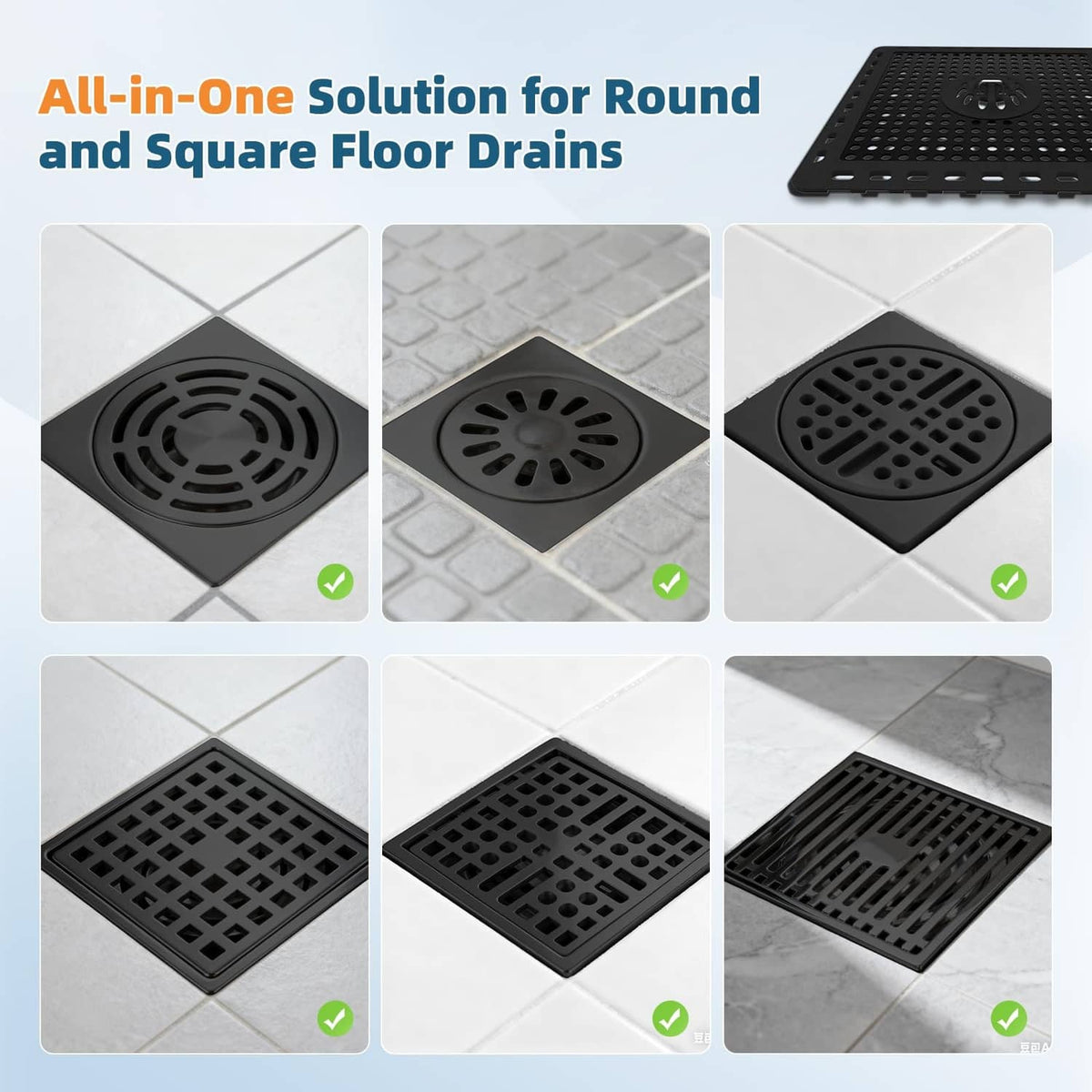 Matte black floor drain hair catcher set with perforated square plates and round centers