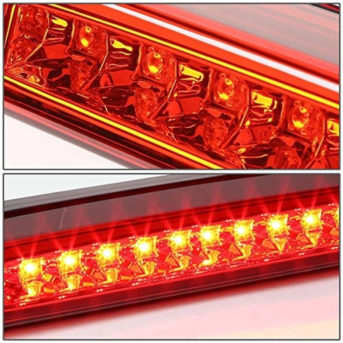 Red LED third brake light with clear lens housing and row of glowing LEDs