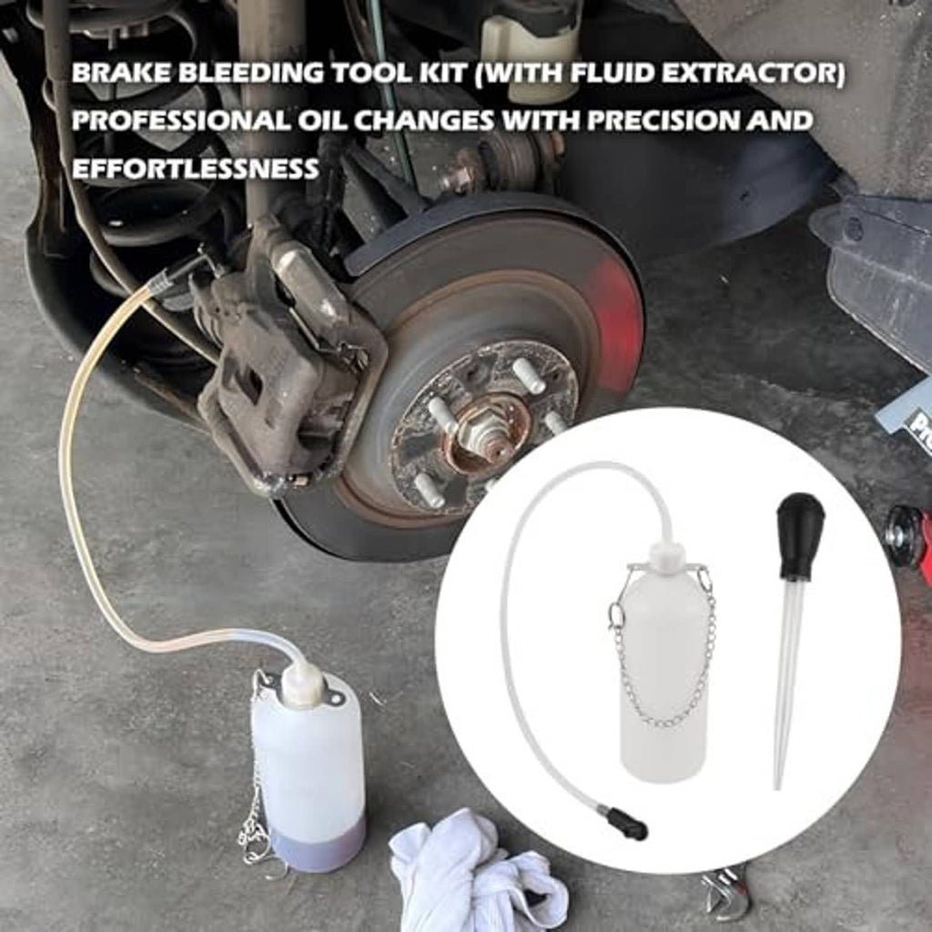 Brake bleeding tool kit with white bleeder bottle, clear hose, and extractor for brakes