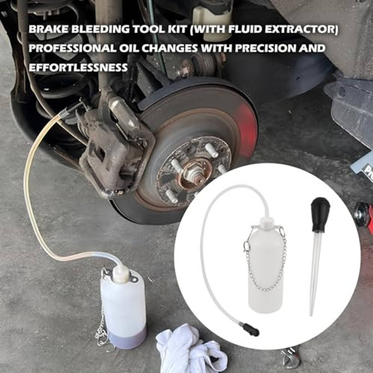 Brake bleeding tool kit with white bleeder bottle, clear hose, and extractor for brakes
