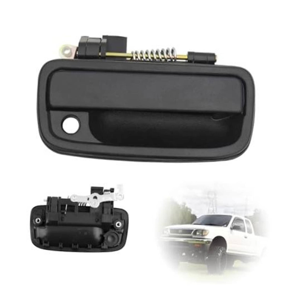 Black plastic exterior door handle with round key hole and visible torsion spring