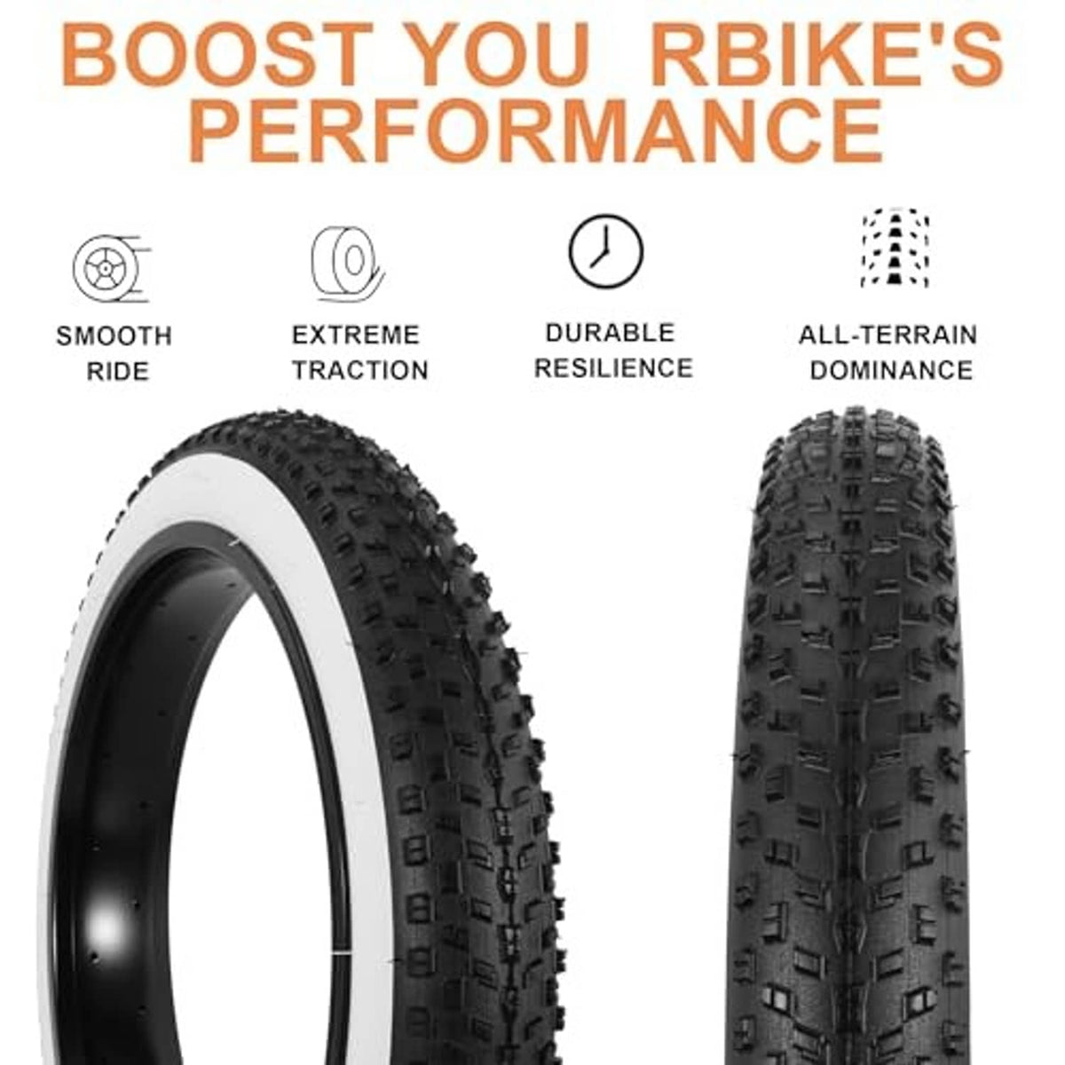 Two fat bike tires with black knobby tread and white sidewall on rim