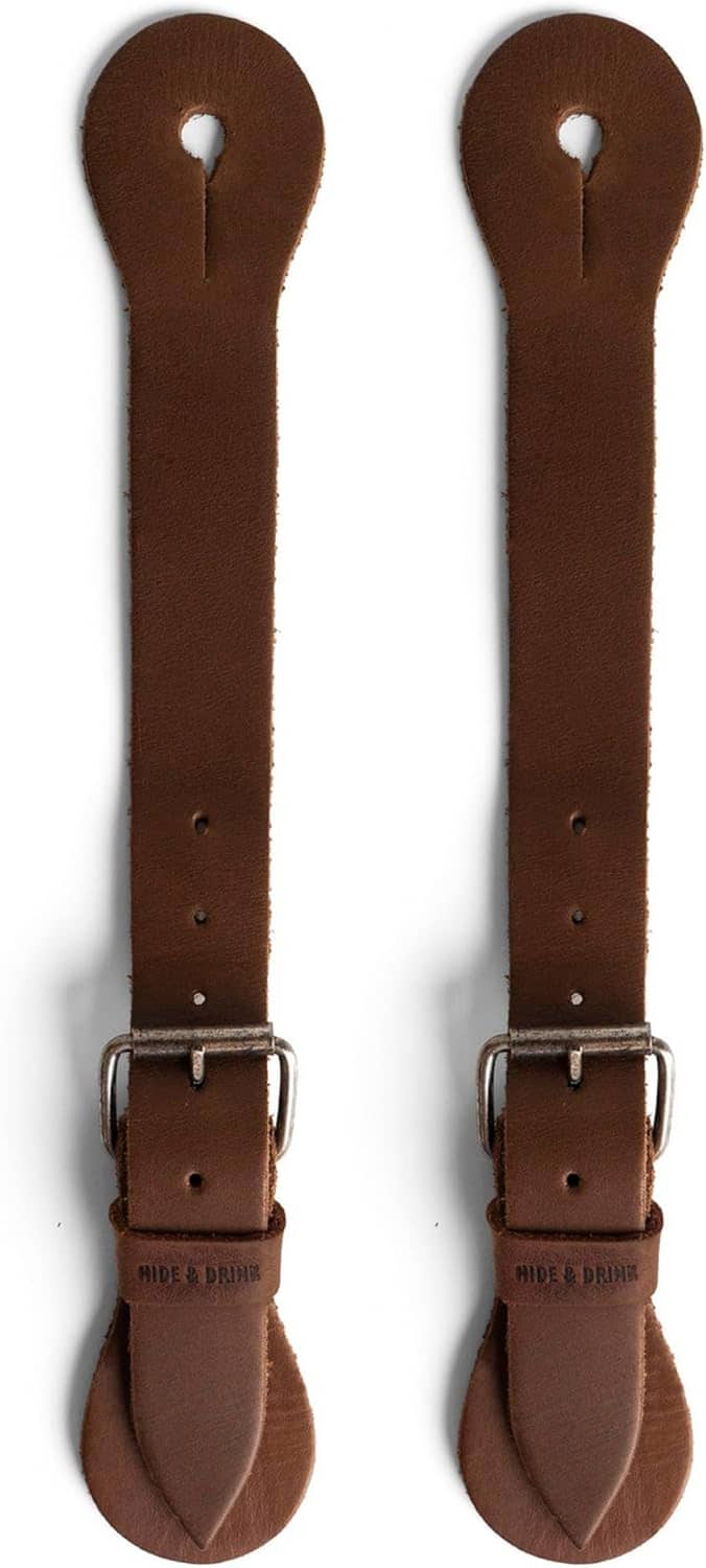 Set of 2 brown leather spur straps with buckle closure and spur pin slot
