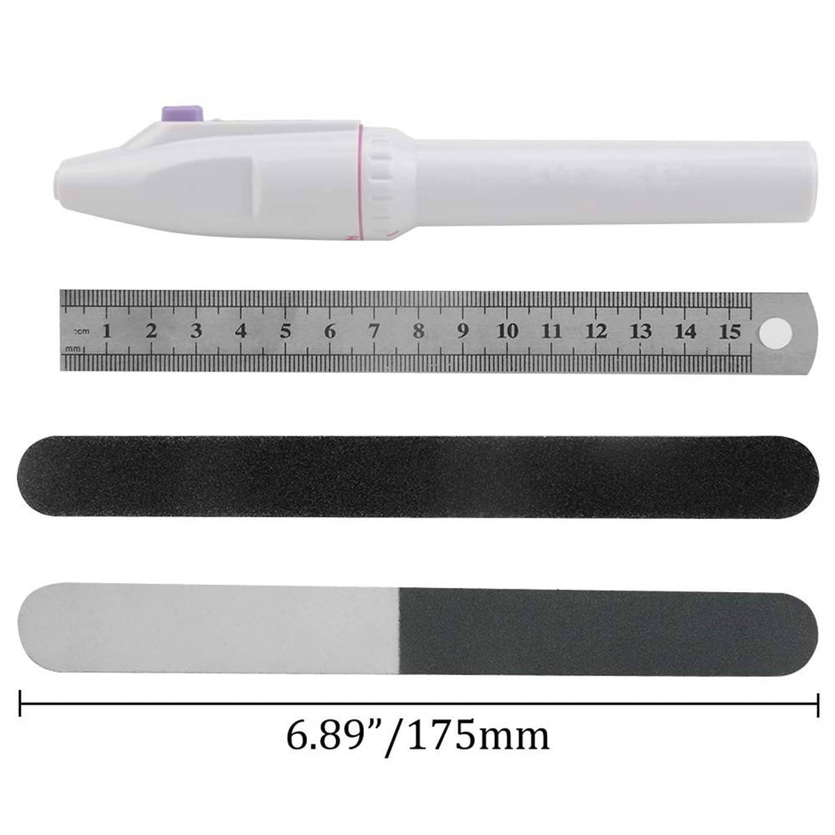 White tool handle with ruler markings plus black and gray sanding sticks