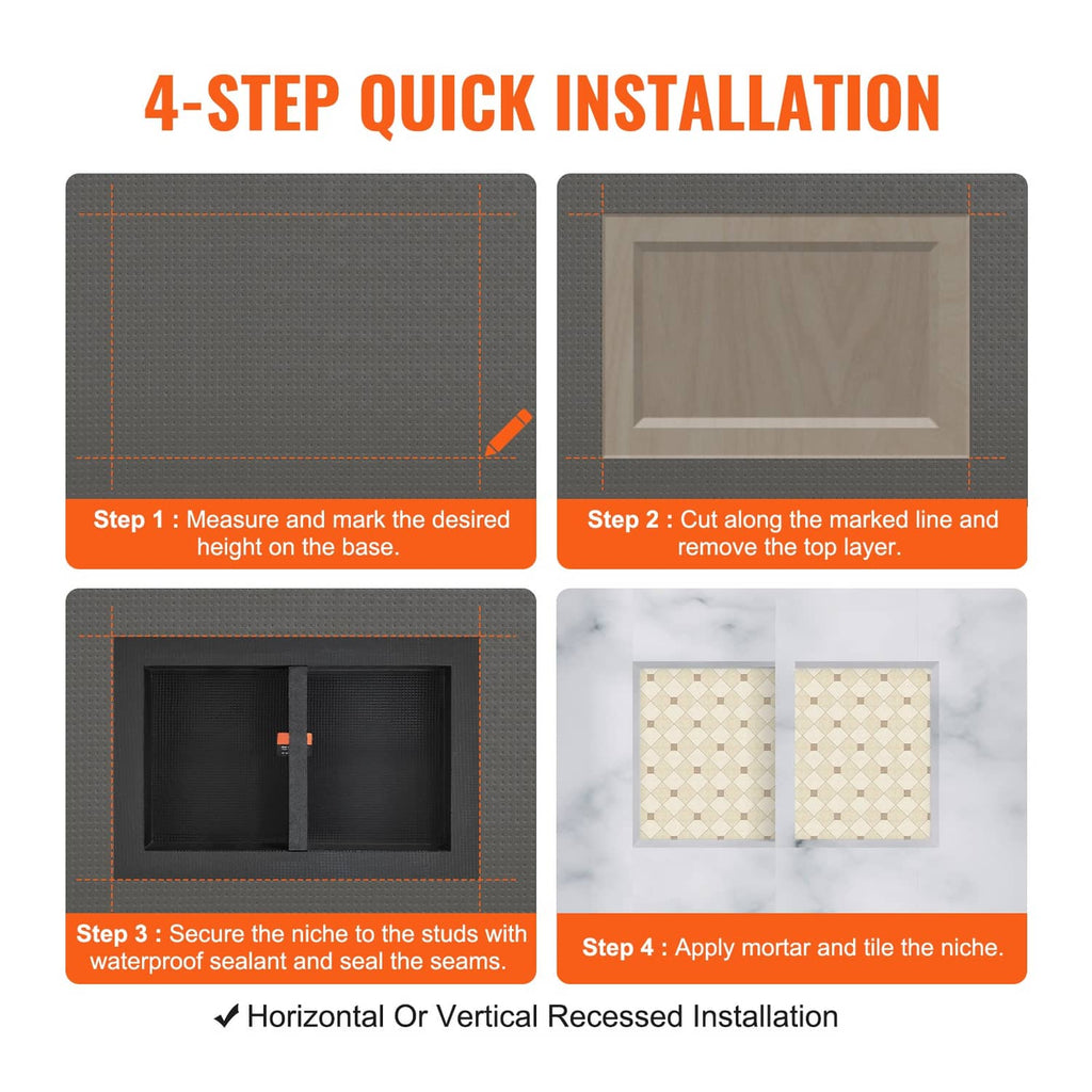 4-step installation guide for ready-to-tile double recessed shower niche