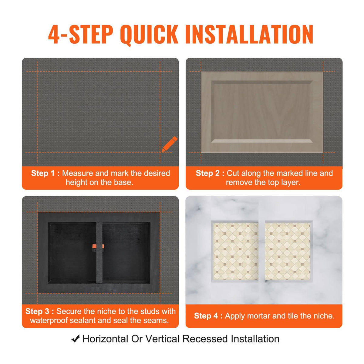 4-step installation guide for ready-to-tile double recessed shower niche