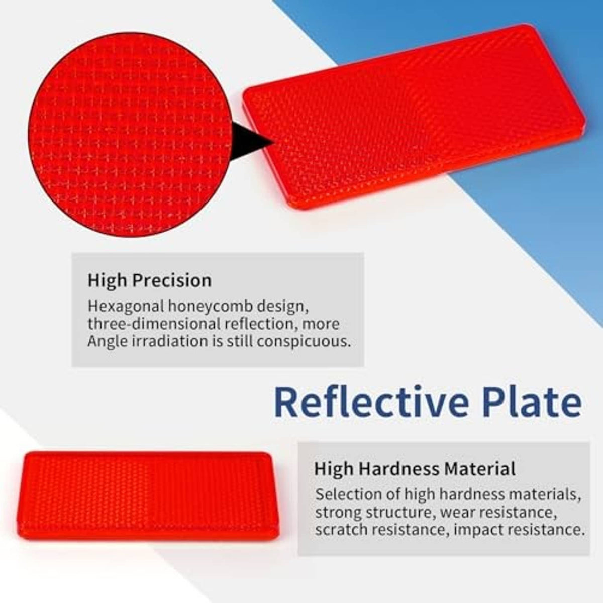 Red rectangular reflective plate with hex-pattern texture, shown with circular detail