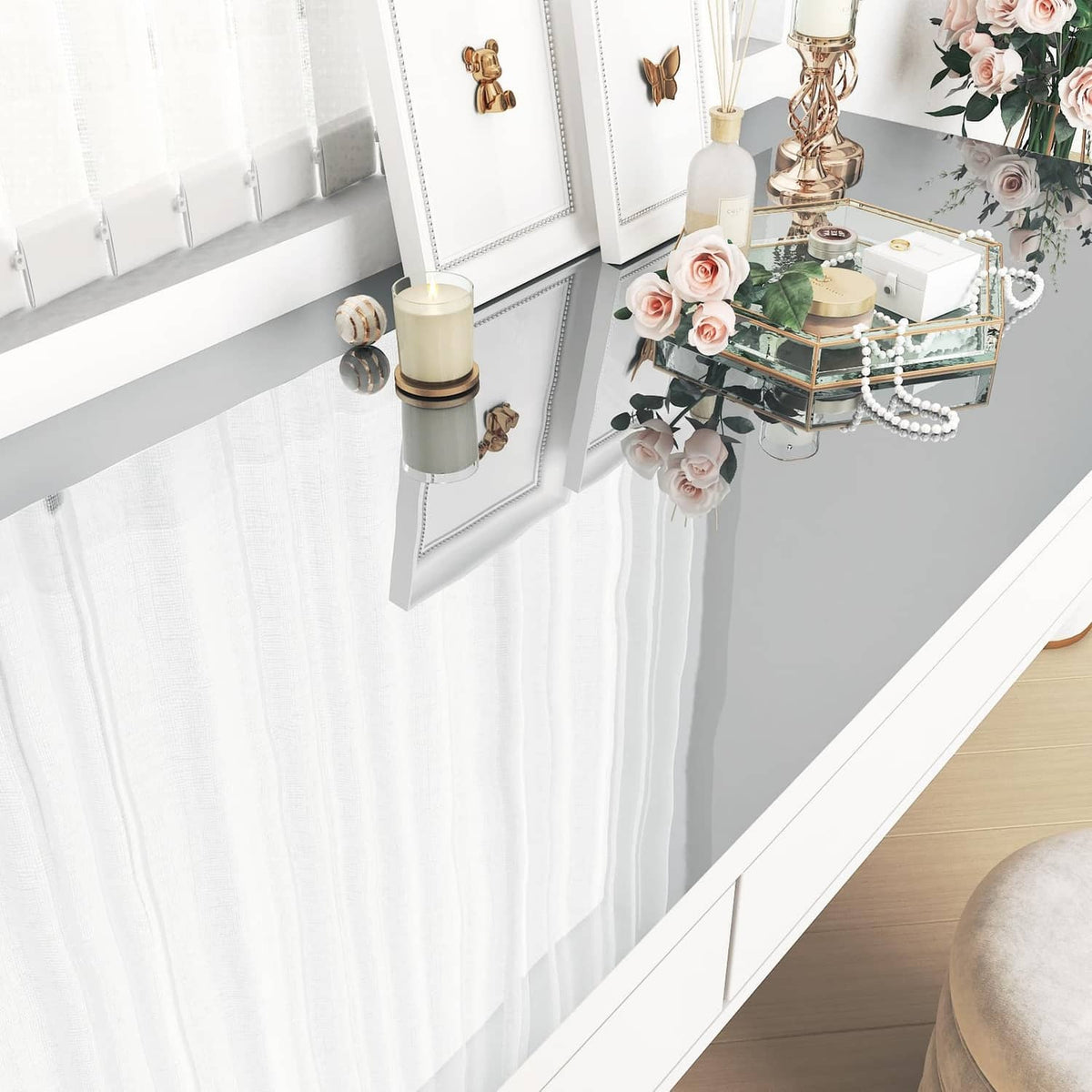 White mirror sticker wall panel with glossy reflective finish and trim line