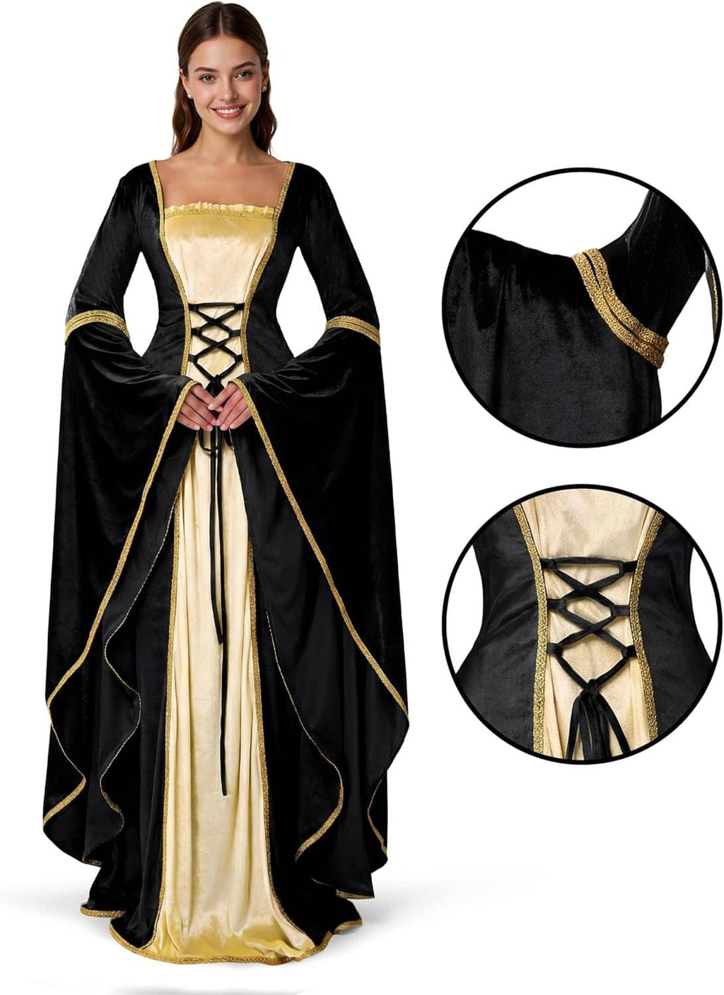Black velvet dress with cream satin bodice, lace-up front detail, and gold-trimmed cape sleeves