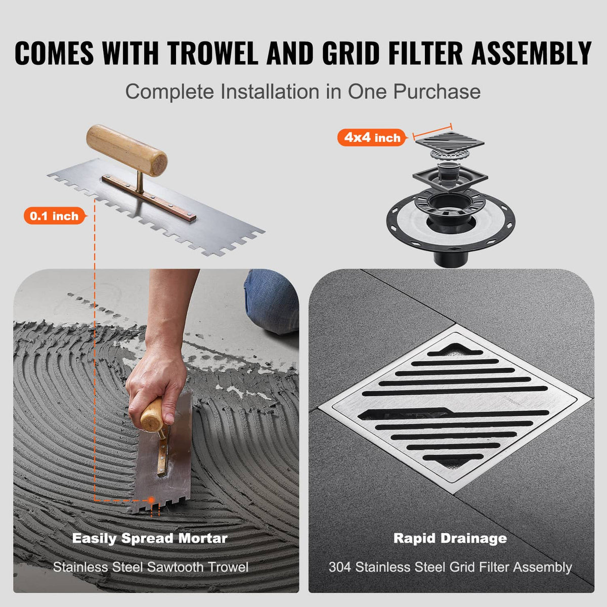 Shower pan curb kit with central flange drain, grid filter, and trowel