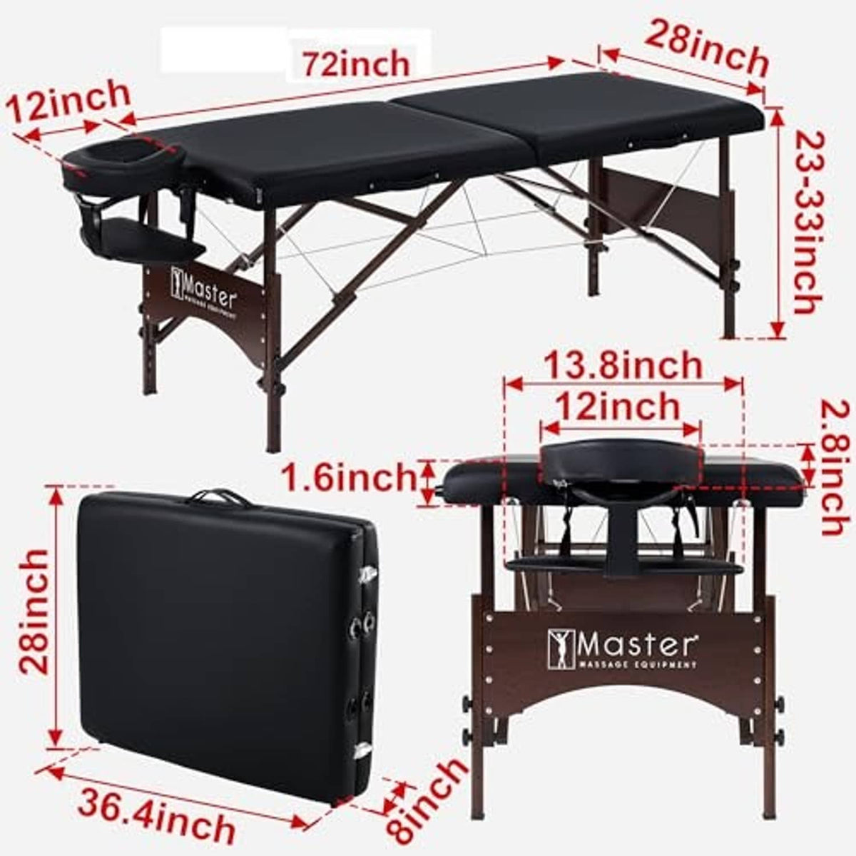 Portable massage table with black padded top and armrest, shown with storage case
