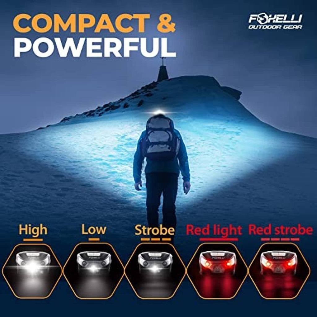 Foxelli rechargeable LED headlamp shining a bright beam with high/low, strobe, and red light
