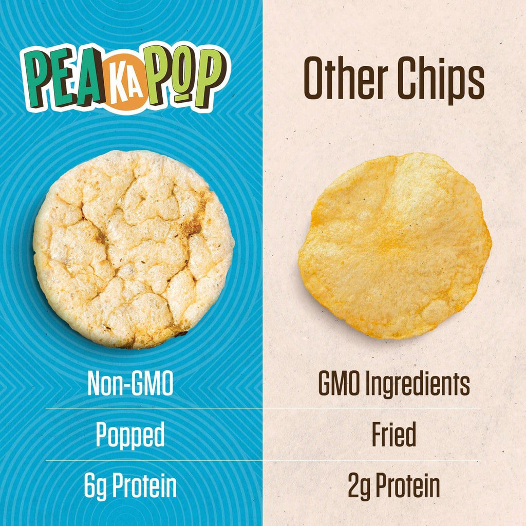 Pea Ka Pop comparison panel: non-GMO popped chips vs fried chips