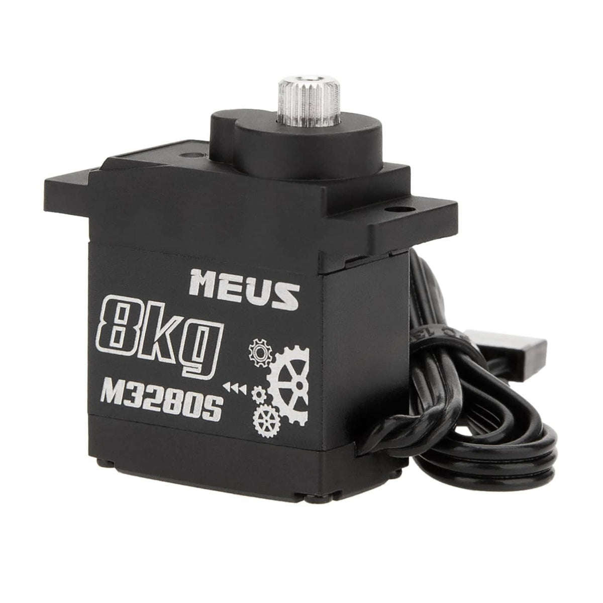 Digital RC micro servo with black housing, white label, and bundled wiring leads