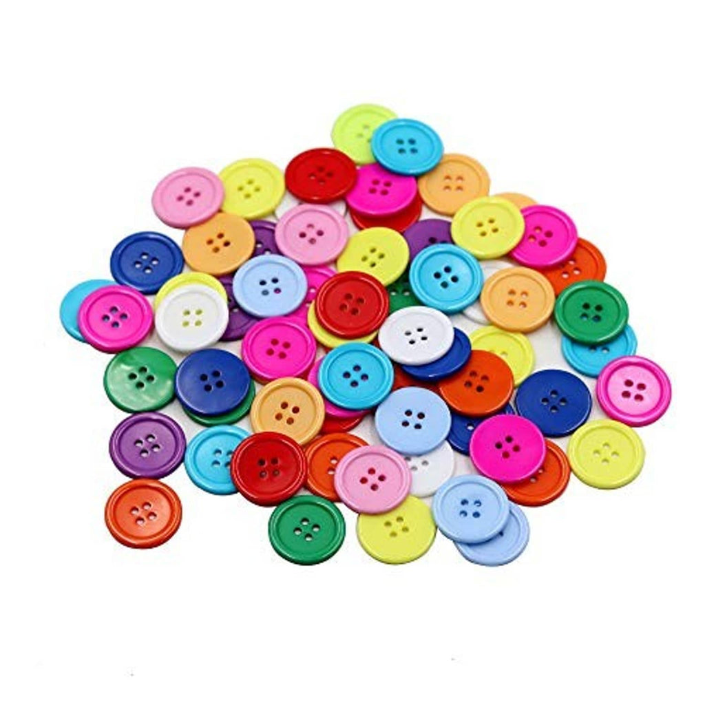 Bright mixed-color round resin sewing buttons with four-hole faces, flat backs assortment