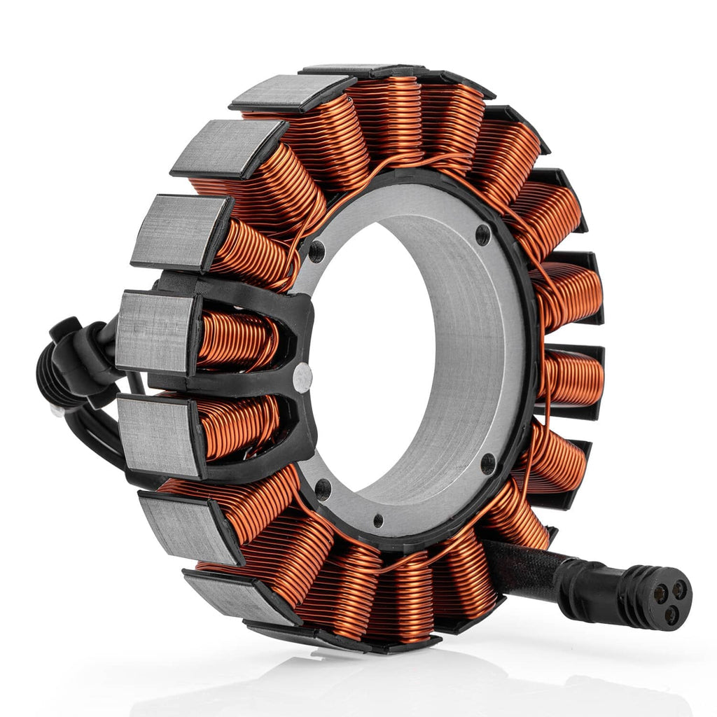Motorcycle stator with orange copper windings and gray circular core