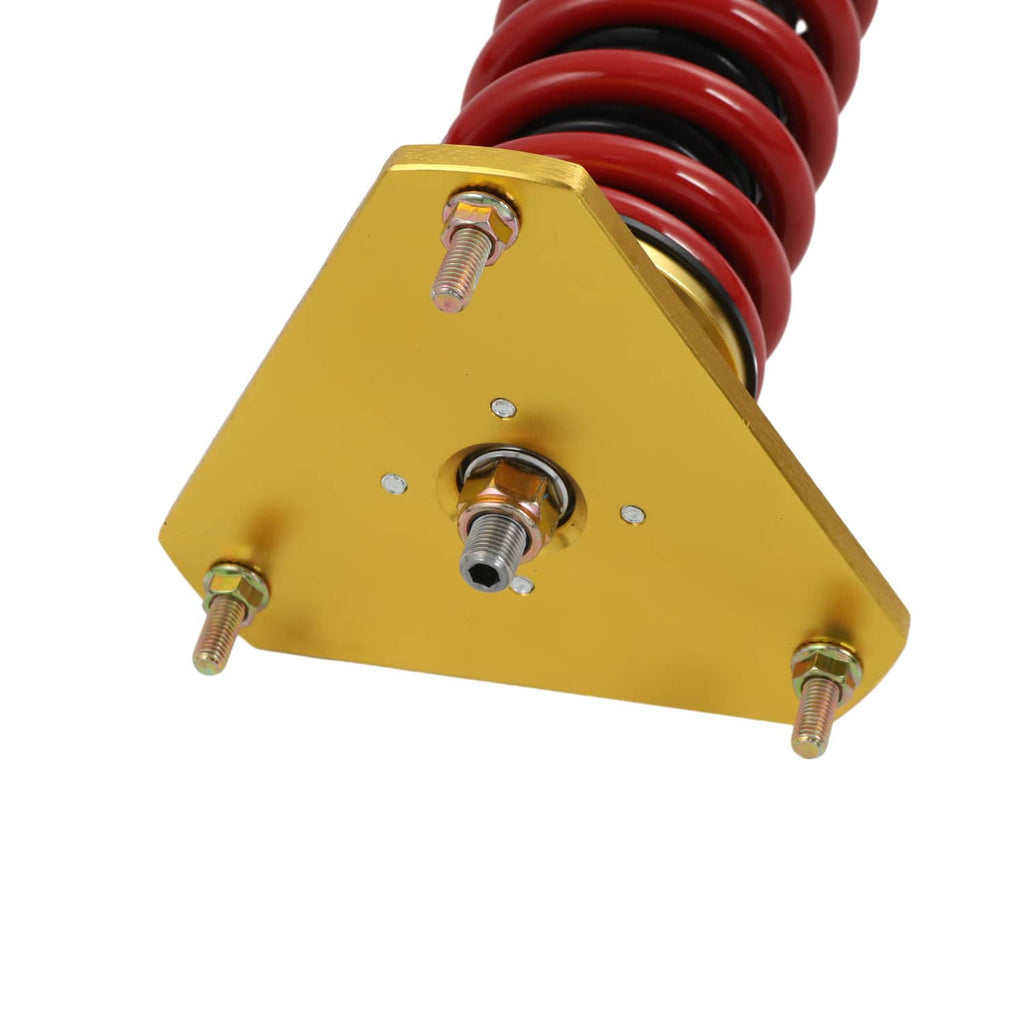Coilover top plate with gold bracket and red coil springs, threaded adjuster