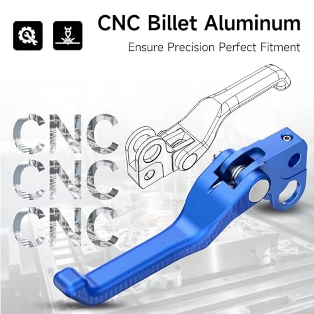 Blue CNC billet aluminum front brake lever with pivot axle, bolts, and fork mount