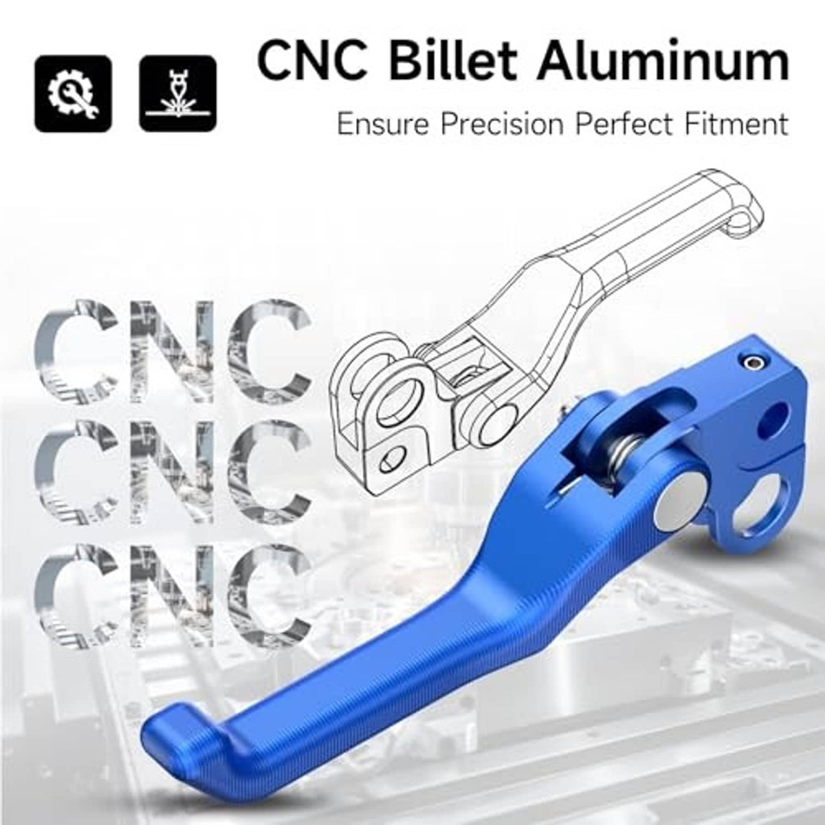 Blue CNC billet aluminum front brake lever with pivot axle, bolts, and fork mount