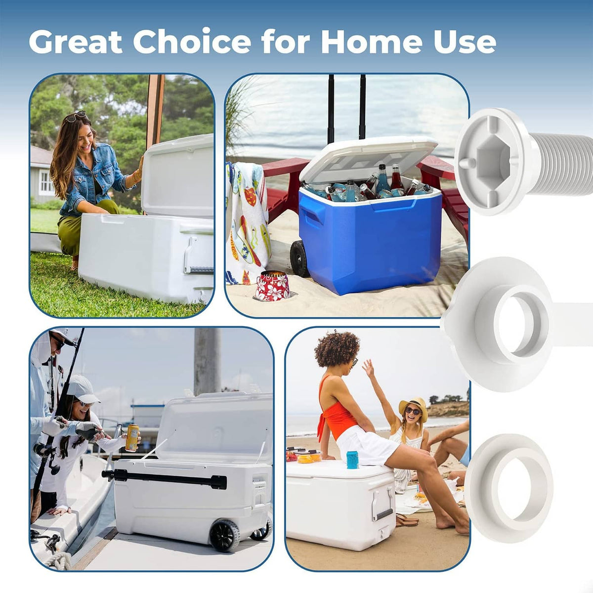 White cooler drain plug assembly with circular cover and threaded inlet for replacement