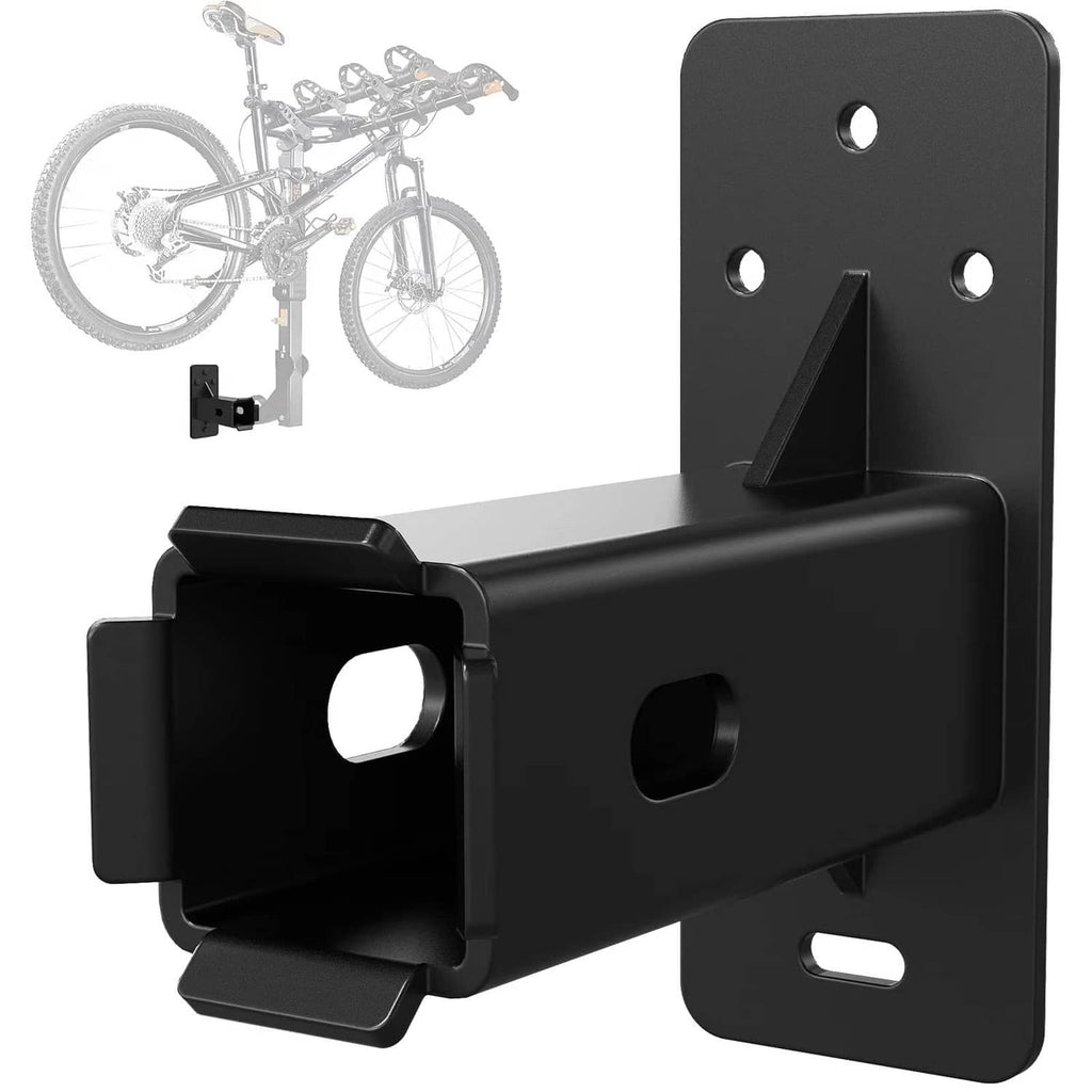 Black hitch wall mount bike rack bracket with receiver arm and mounting plate