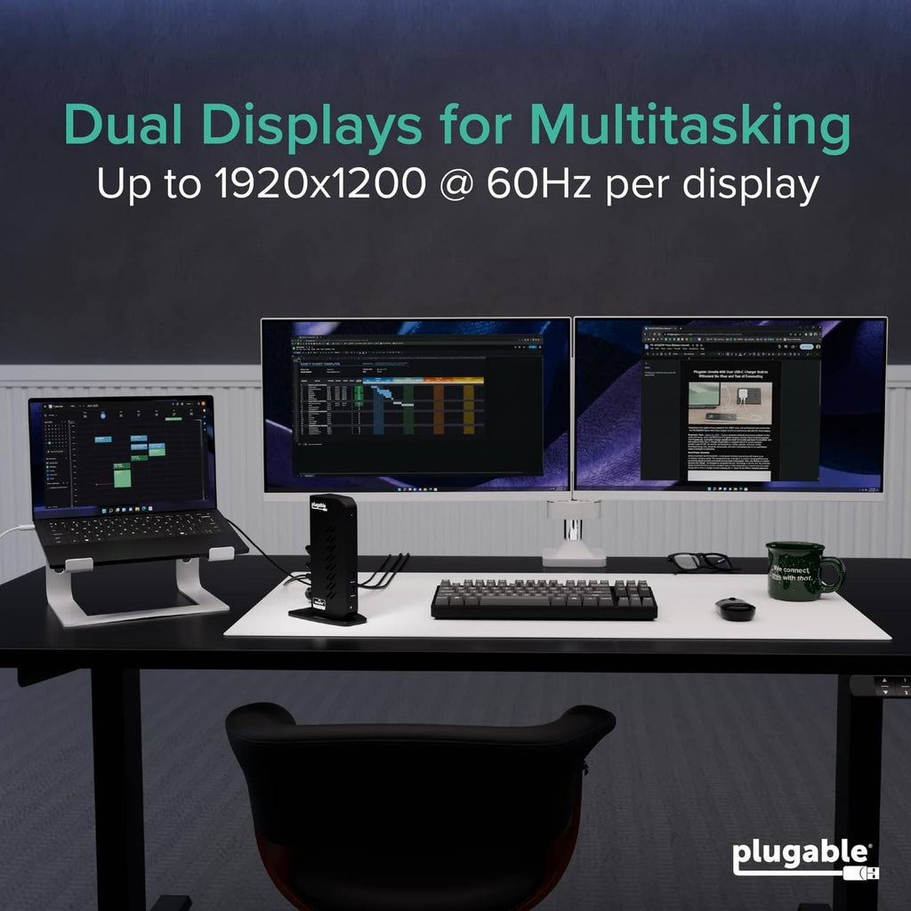 Black docking station on desk with dual-monitor setup