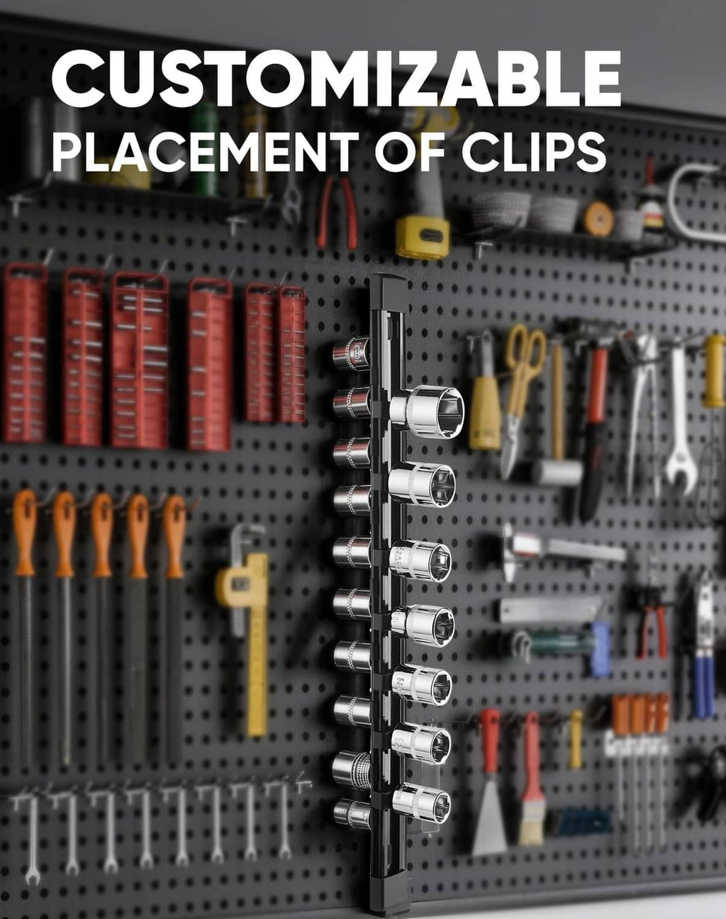 Black socket organizer rail with clips arranged for customizable placement