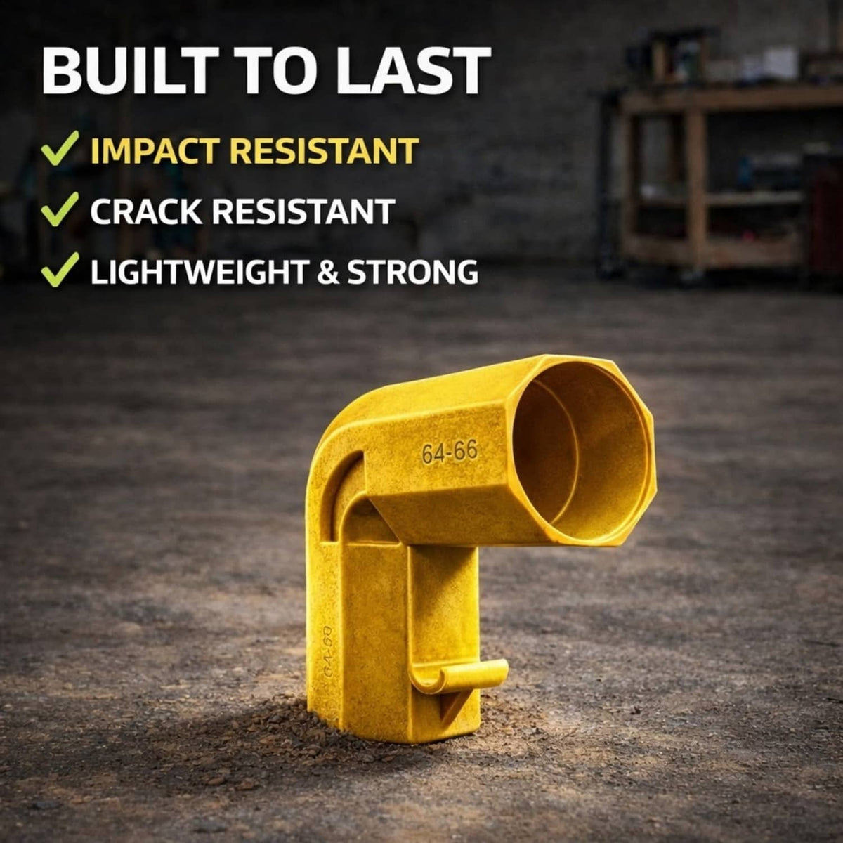 Yellow dual-port dust adapter, compact elbow design with 62–66mm marking