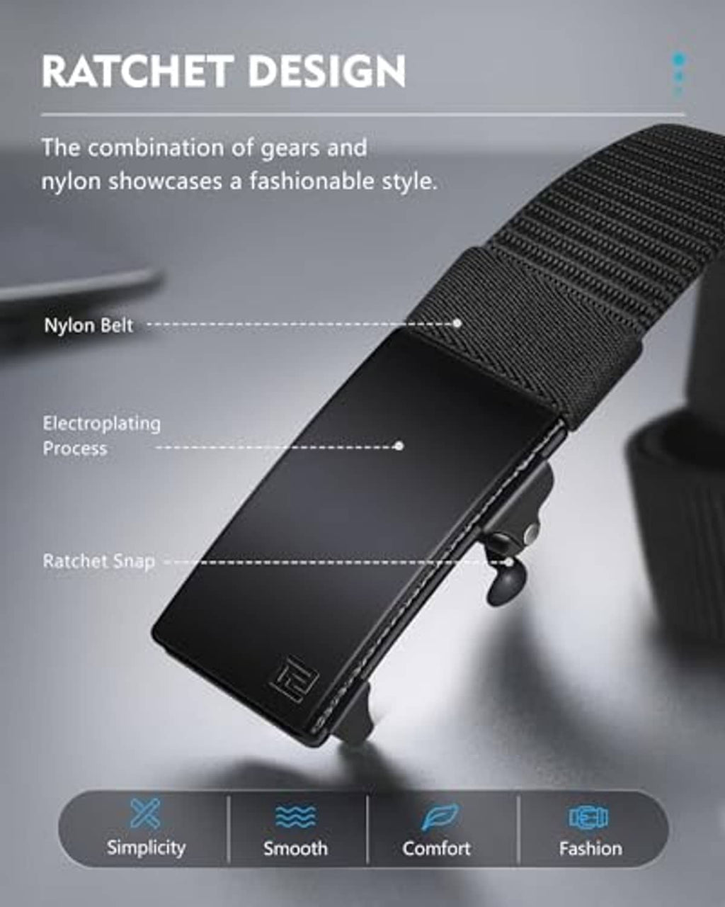 Black nylon ratchet belt detail with smooth automatic buckle and webbing texture.