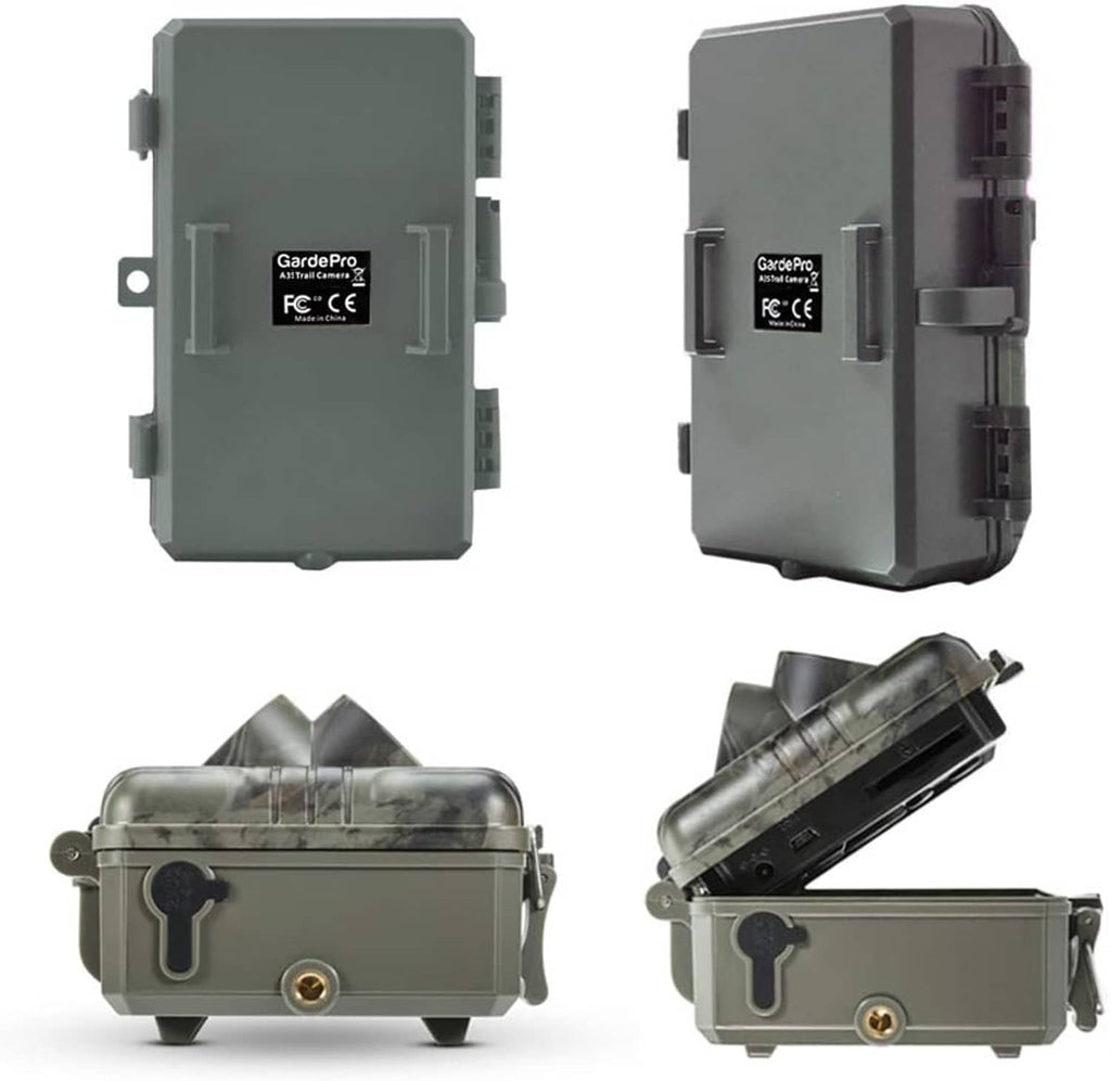 Camouflage trail camera shown from multiple angles with side latches and back ports