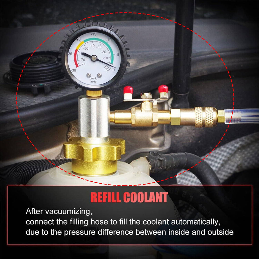 Coolant refill vacuum tool on engine with pressure gauge, brass valve, and clear hose
